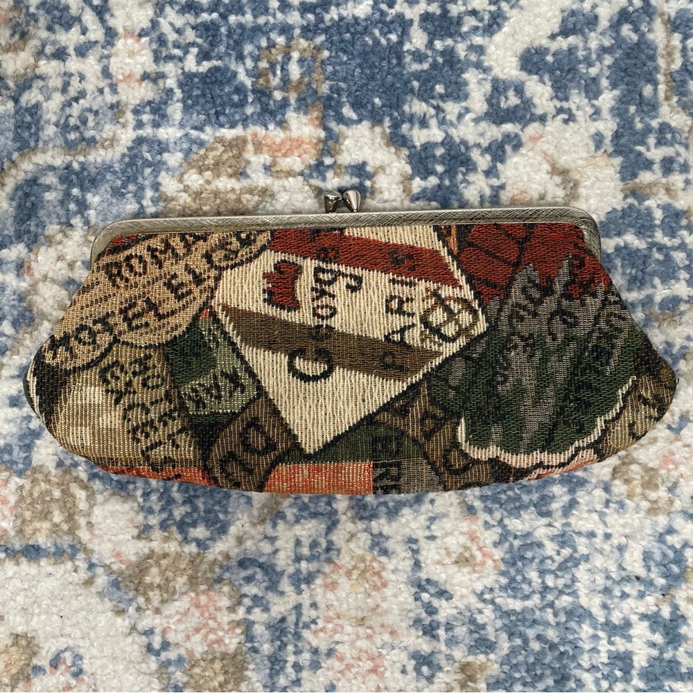 VINTAGE- Clutch Featuring Travel Stamps Rome Paris Mexico Kisslock Closure